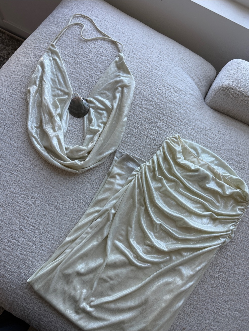 White Fox Boutique Shimmery Ivory Draped Two-Piece Bandeau Set